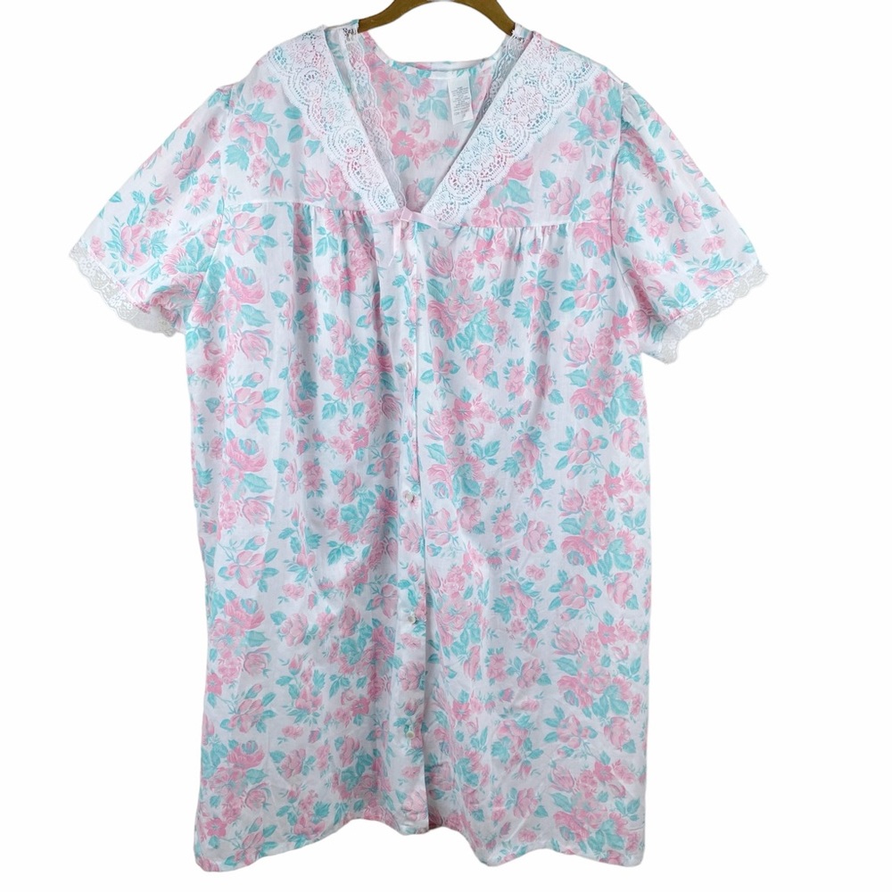 Granny Nightgown and Robe Set Pink Floral Lace Lightweight Nightie 2X Vintage